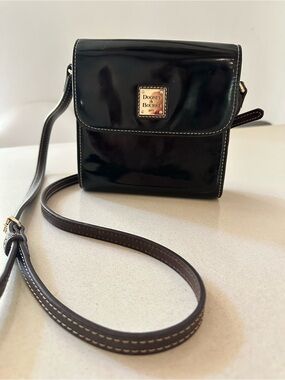 Dooney & Bourke Patent Leather Black Crossbody Bag Brown Leather Trim Small